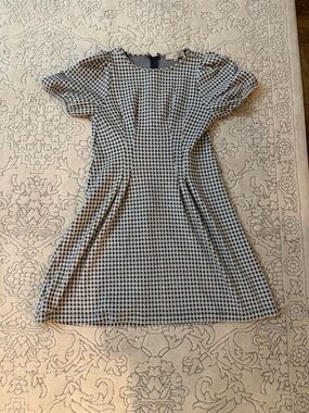 LOFT Gray Gingham Puff Sleeve Dress